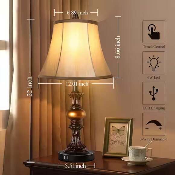 Partphoner Vintage Touch Table Lamp Set (2) | Dual USB | 3-Way Dimmable | Bronze - Picture 4 of 5